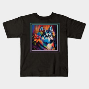 Regal Husky Floral Tropical Vibrant Digital Oil Painting Portrait Kids T-Shirt